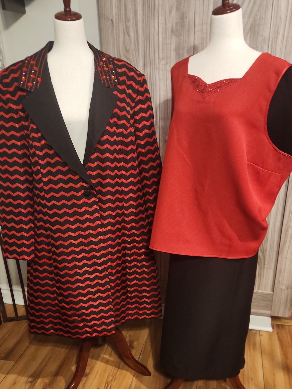 Red & Black Two-Piece Skirt Set with Chevron Coat